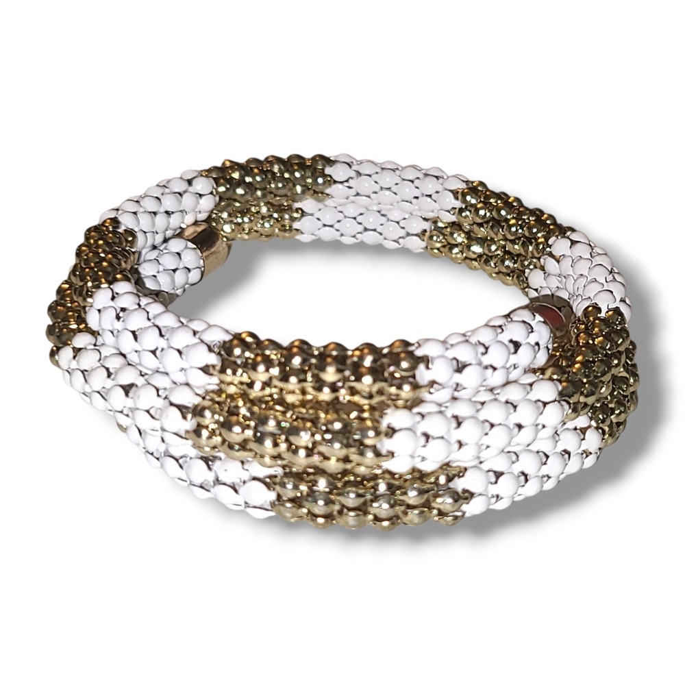 Mesh Spiral Wrap Bracelet White Enamel Gold Striped Retro BoHo